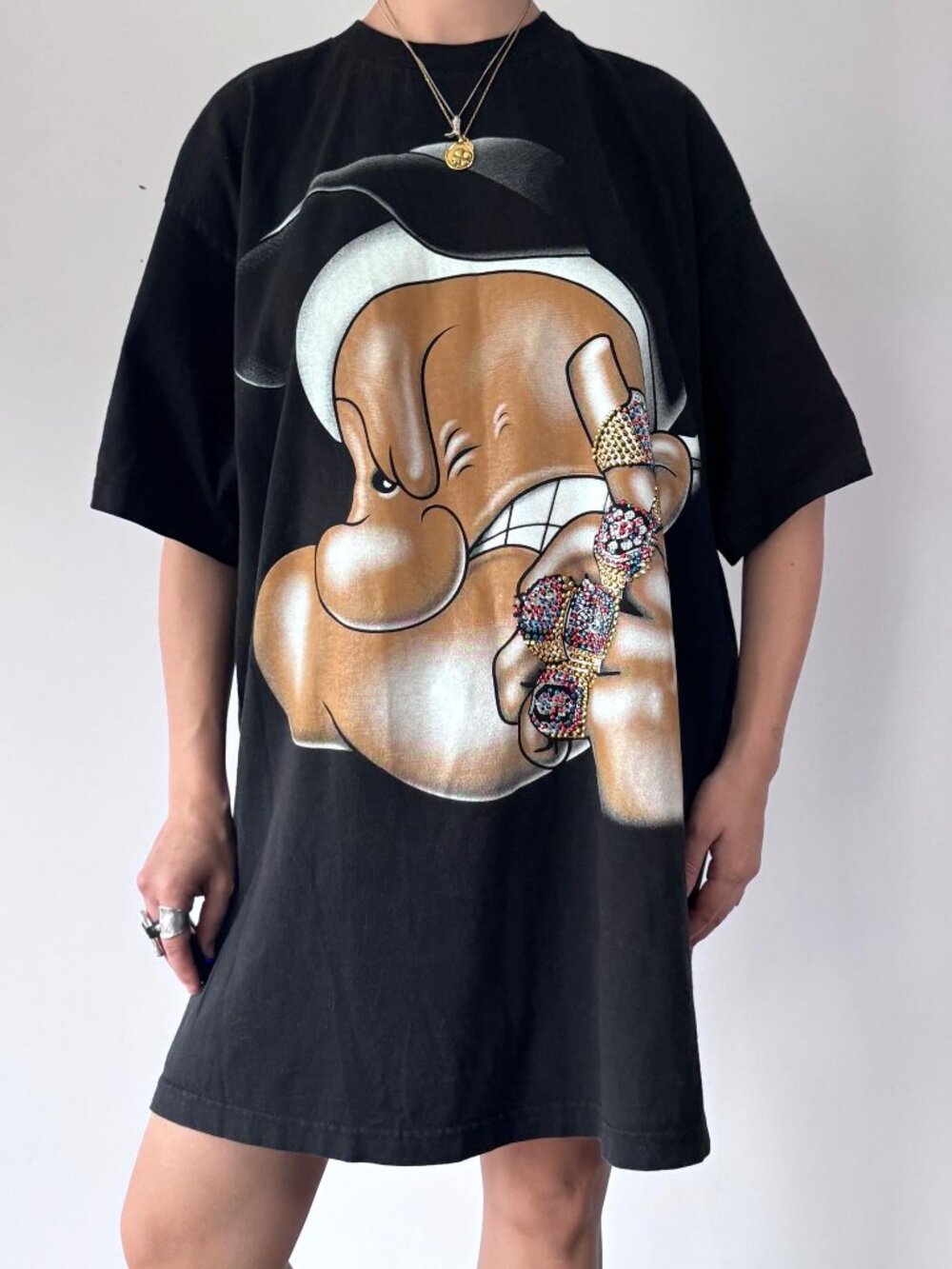 90s vintage Made in USA Popeye hip hop rap bling graphic cotton tshirt mens 2XL